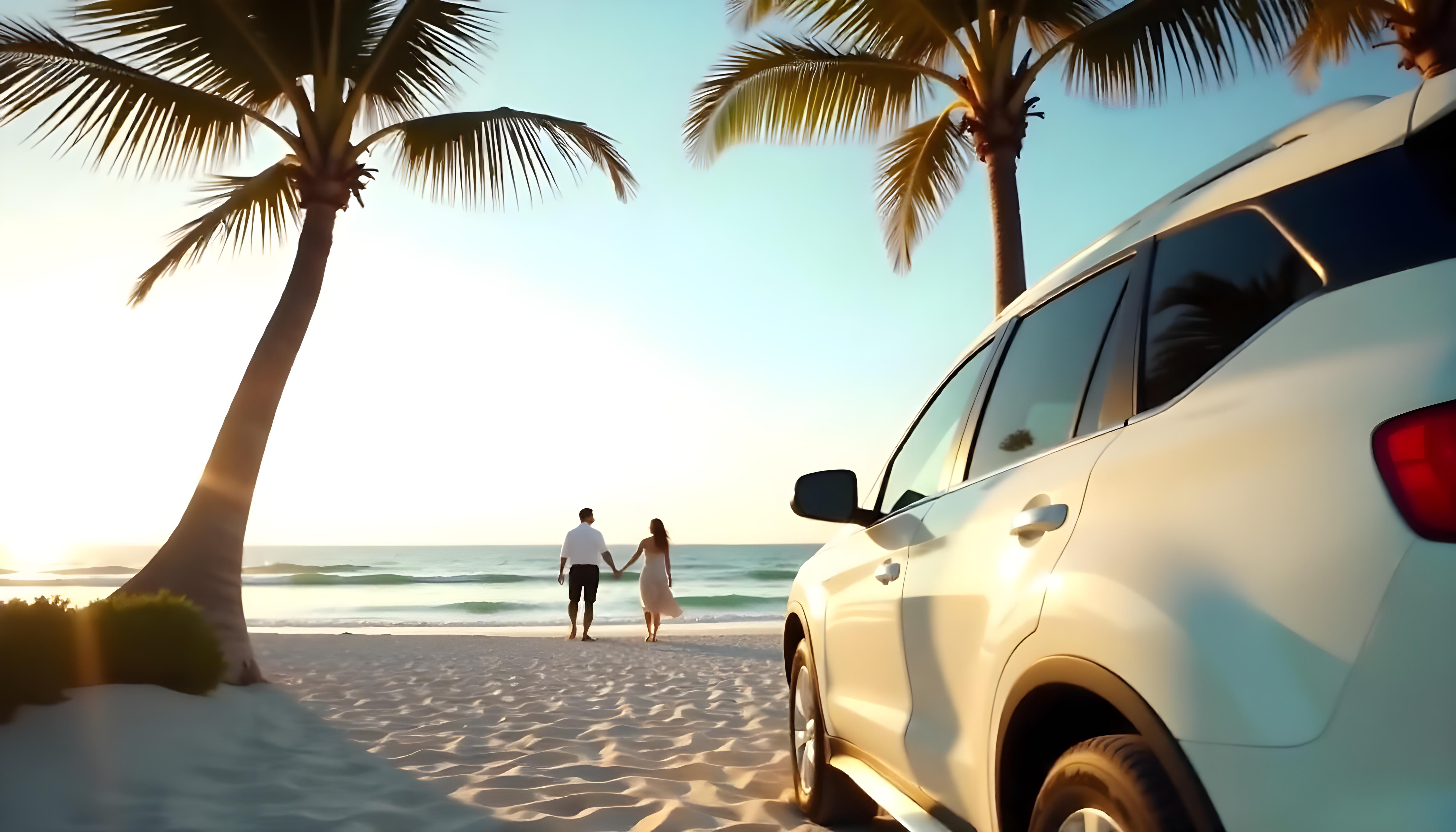 Picture of a couple in front of their parked car down by the beach.